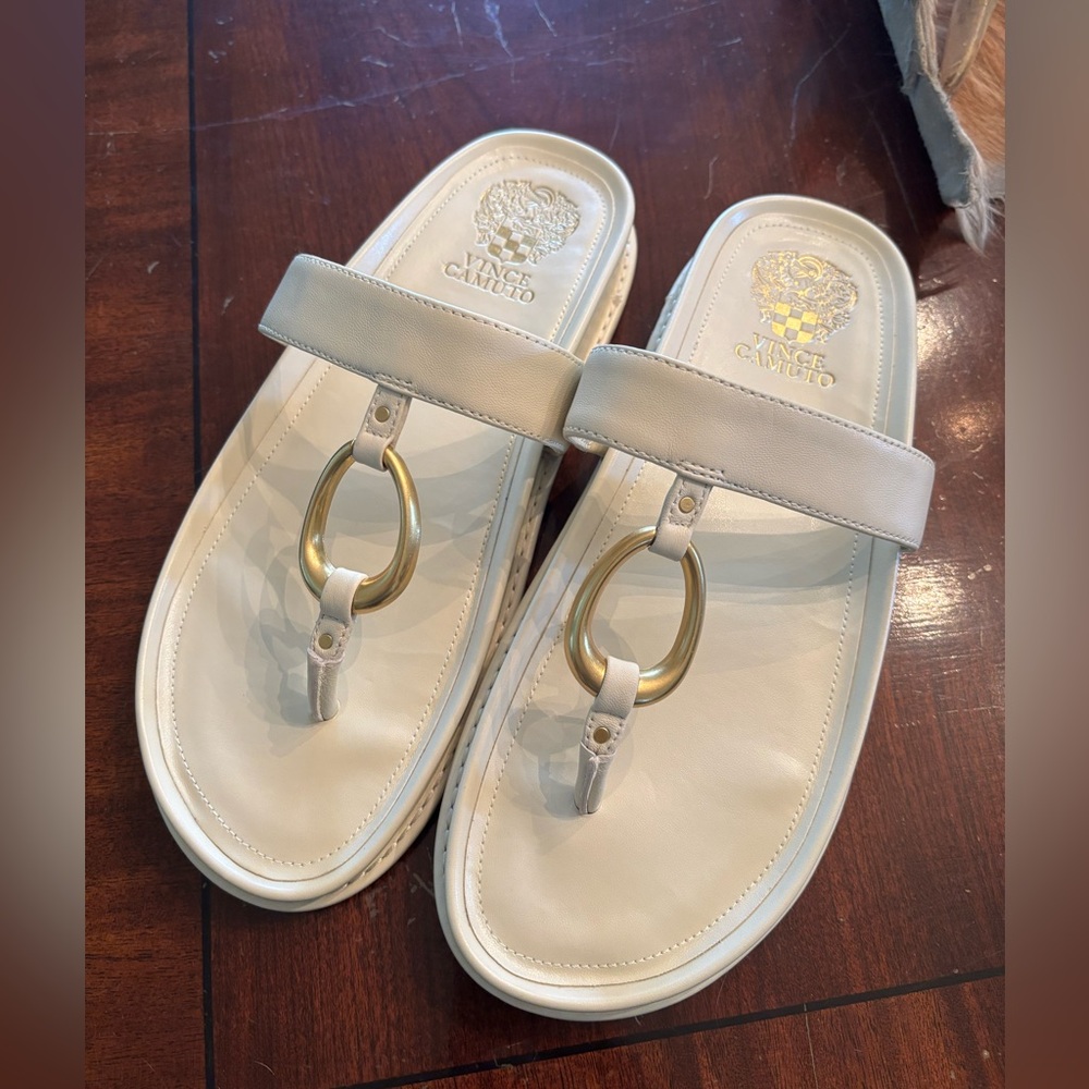 Vince Camuto Genri Sandals in Panna Crème with Gold Ring Detail